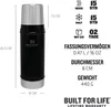 A black Stanley thermos bottle with measurement indicators and feature descriptions. Náhled obrázku produktu