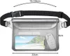 A waterproof waist bag with dimensions shown, displaying a phone with a beach scene and a car key inside. Náhled obrázku produktu