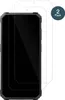 Two screen protectors are shown, one placed on a black smartphone. Produktbild-Vorschau