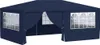A navy blue party tent with windows is shown from the front. Produktbild-Vorschau