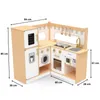 A wooden toy kitchen with various appliances and accessories, shown from a three-quarter angle. Podgląd zdjęcia produktu