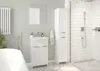 A modern bathroom with a white vanity, sink, and a tall white cabinet next to a shower. Náhled obrázku produktu