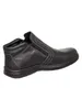 A black leather boot with white stitching and a zipper on a white background. Anteprima dell’immagine prodotto