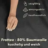 A hand is shown on a dark gray fabric, with icons and text describing product features. Produktbild-Vorschau