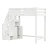 A white loft bed with integrated storage stairs and cabinets. Voir les images du produit