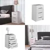 Collage of a white high-gloss nightstand with three drawers, shown in different settings and angles. Anteprima dell’immagine prodotto