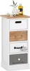 A white wooden chest of drawers with four drawers of varying colors and textures, decorated with a vase, flowers, and a bottle on top. Produktbild-Vorschau