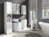 A modern bathroom with white furniture, including a sink and storage cabinets, next to a bathtub. Produktbild-Vorschau