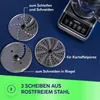 Close-up of food processor attachments and part of the main unit, with text overlays describing their functions. Anteprima dell’immagine prodotto