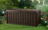 A dark brown storage box sits on a green lawn surrounded by colorful flowers and green foliage. Podgląd zdjęcia produktu