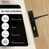 A black door handle set is shown with a diagram of included parts and text describing them. Produktbild-Vorschau