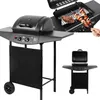 A collage of images showing a black gas grill from different angles, including a close-up of the burners and a hand holding a skewer of food. Produktbild-Vorschau