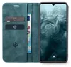 A teal flip-style phone case with card slots and a euro banknote is shown open, revealing a smartphone screen displaying the time and date. Produktbild-Vorschau