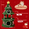 A Christmas tree-shaped cat scratching post with dimensions and weight capacity indicated, set against a red background with festive decorations. Anteprima dell’immagine prodotto