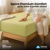 A person sitting on a bed with a light green fitted sheet, with text overlays describing the product's features. Produktbild-Vorschau