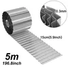 A roll of corrugated metal edging is shown, unrolling onto a white surface. A close-up inset shows the thickness of the metal, and dimensions are indicated. Náhled obrázku produktu
