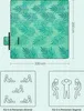 A picnic blanket with a tropical fern pattern, shown with dimensions and illustrations of people sitting and lying down. Produktbild-Vorschau