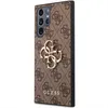 A side view of a brown phone case with a repeating Guess logo pattern and a prominent gold Guess logo emblem. Produktbild-Vorschau