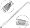 A stainless steel gas grill burner tube is shown against a white background, with close-up insets highlighting its features. Produktbild-Vorschau