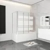 A modern bathroom with a bathtub shower enclosure, vanity, and mirror. Produktbild-Vorschau