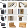 A collage of images showing different applications of a concealed electronic lock for cabinets, drawers, and boxes. Produktbild-Vorschau