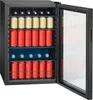 A black beverage cooler with its glass door open, showing shelves stocked with cans and bottles. Anteprima dell’immagine prodotto
