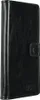 A black leather wallet-style phone case is shown standing upright. Podgląd zdjęcia produktu