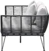 A side view of a modern outdoor daybed with a woven rope frame and light-colored cushions. Produktbild-Vorschau