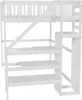 A white loft bed with stairs and storage shelves, shown from a side angle against a white background. Produktbild-Vorschau
