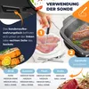 An infographic demonstrating how to use a food probe with a multi-cooker, showing different types of meat and fish with suggested cooking levels. Produktbild-Vorschau
