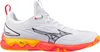 A side view of a white Mizuno Wave Luminous 3 volleyball shoe with red and yellow accents. Produktbild-Vorschau