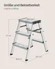 A diagram of a silver step stool with dimensions and weight capacity indicated. Produktbild-Vorschau