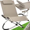 A beige lounge chair with a headrest is shown on a white background with a green grass overlay in the bottom right corner. Produktbild-Vorschau
