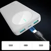 A white power bank with a USB-C cable plugged into one of its ports, set against a dark background. Below the power bank are icons representing different USB ports. Produktbild-Vorschau