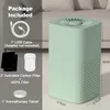 A mint green air purifier with its accessories and dimensions shown on a light gray and white background. Produktbild-Vorschau