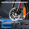 Close-up of an electric bicycle's front brake system and handlebars, with feature callouts. Produktbild-Vorschau