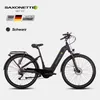 A black SAXONETTE e-bike is shown against a plain white background. Text and logos are present in the upper left corner. Produktbild-Vorschau