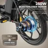 Close-up view of an electric bicycle's rear wheel and motor, with text overlays highlighting its features. Produktbild-Vorschau