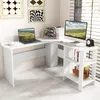 A white L-shaped desk with a laptop, computer monitor, keyboard, books, and a clock. Produktbild-Vorschau