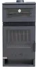 A front view of a dark gray wood-burning stove with glass doors and a ventilation grille. Produktbild-Vorschau
