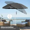 A patio umbrella is shown on a deck overlooking the ocean, with chairs and ottomans. Produktbild-Vorschau