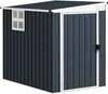 A dark gray metal garden shed with a white trim and a small window. Podgląd zdjęcia produktu