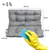 A gray cushion is shown with dimensions indicated and a hand in a yellow glove holding a blue sponge, suggesting cleaning. Produktbild-Vorschau
