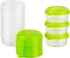A collection of clear plastic food storage containers with green lids, stacked in groups. Produktbild-Vorschau
