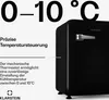 A black retro mini refrigerator is shown with text overlay highlighting its temperature control features. Produktbild-Vorschau