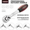 A professional ratchet handle tool with various drive sizes and features highlighted with text. Produktbild-Vorschau