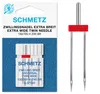 A package of Schmetz extra wide twin sewing needles, with one needle shown outside the package. Produktbild-Vorschau