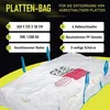 A large white bag with blue straps, featuring text and icons describing its features and intended use. Produktbild-Vorschau