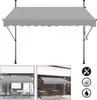 A collage showing a gray awning, and two smaller images of the awning installed on balconies or patios. Produktbild-Vorschau
