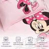 A close-up of Minnie Mouse bedding with feature icons and text. Produktbild-Vorschau